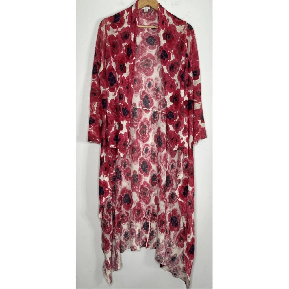 Garnet Hill Open Front Duster Cardigan Waterfall Linen Blend Pink Floral Bohemia